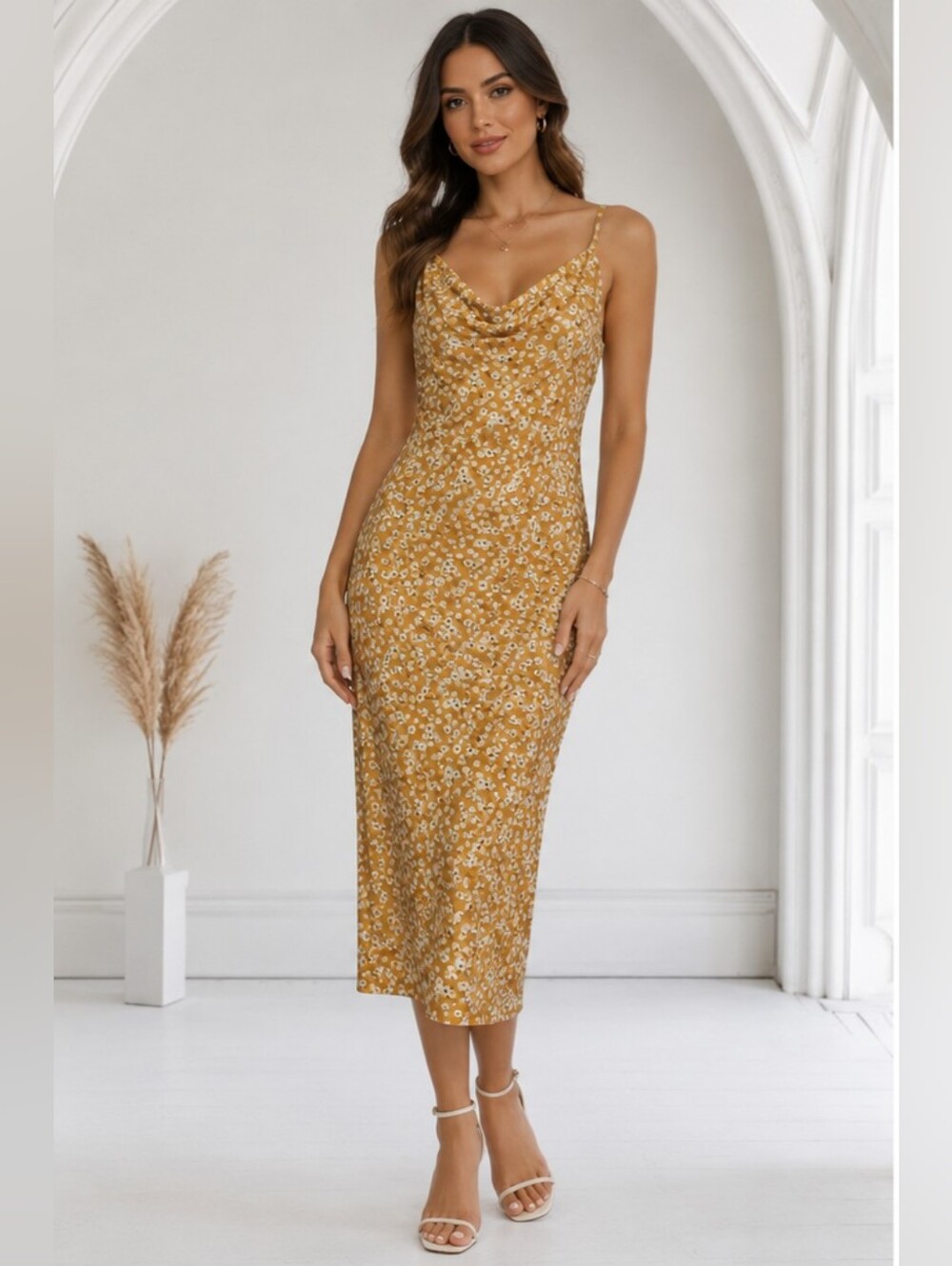 IRIS Honey Gold Floral Slip Dress | Size Small | Cottagecore Daisy Midi